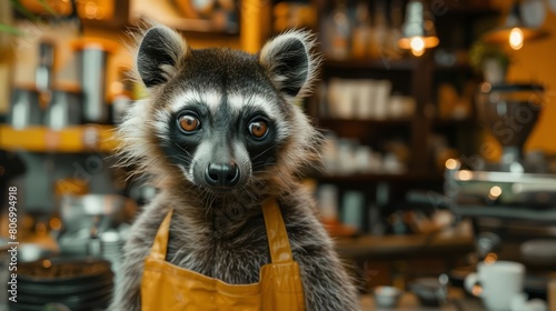 A closeup halfbody of a charismatic mammal dressed as a barista