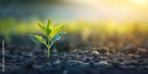 An image of a single young plant sprouting in the soil bathed in warm sunlight, representing growth and new beginnings photo