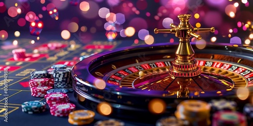 Casino roulette table neon bokeh lights with chips, gambling concept, copy space