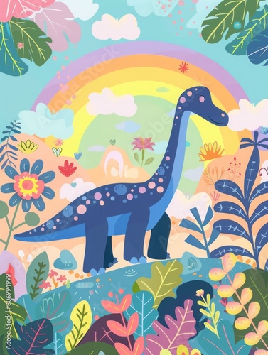 cartoon dinosaur on a rainbow background.