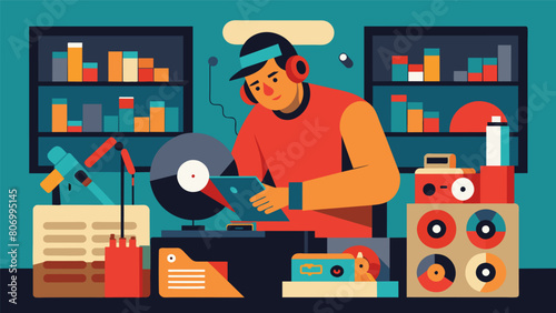 In a cluttered workshop an artist creates their own custom record sleeves using a variety of materials and techniques to produce truly oneofakind Vector illustration