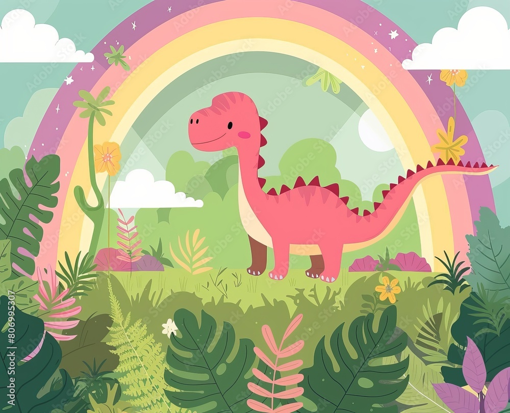 Obraz premium cartoon dinosaur on a rainbow background.
