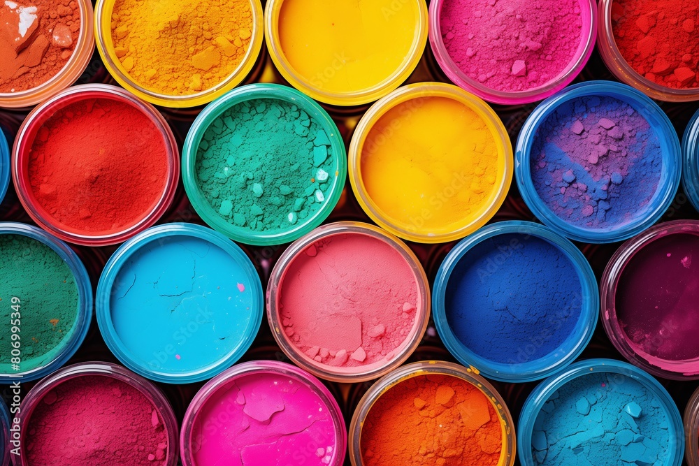 Overhead shot captures an array of brightly colored powdered pigments in buckets, showcasing their texture and saturation Overhead shot captures an array of brightly colored powdered pigments in buckets, showcasing their texture and saturation