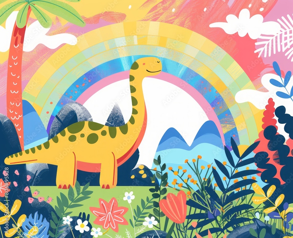 Obraz premium cartoon dinosaur on a rainbow background.