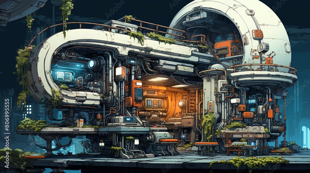 A highly detailed painting of a futuristic sci-fi room with a large window looking out into space.