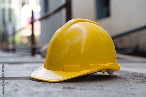 A brightly colored yellow safety helmet sits alone on a pavement, evoking themes of safety and construction amid city life photo