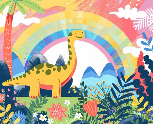 cartoon dinosaur on a rainbow background. © Yahor Shylau 