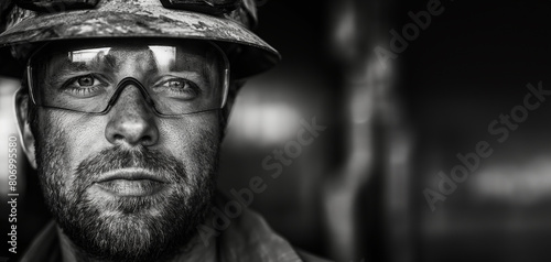Black and white close-up of a rugged man wearing a protective helmet and safety glasses photo