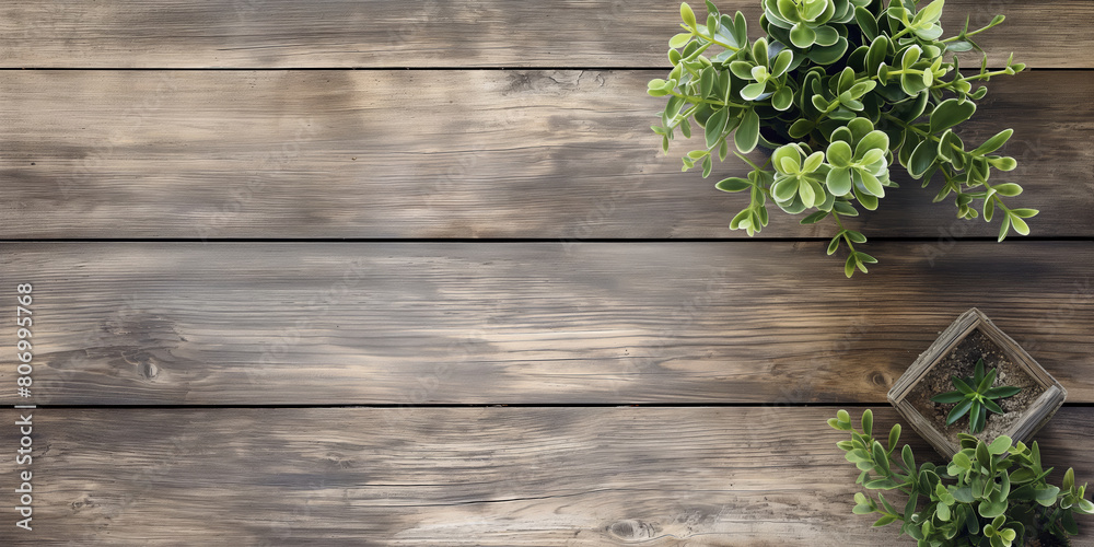 A spacious wooden tabletop with small potted green plants, demonstrating minimalism and clean design aesthetics. copy space A spacious wooden tabletop with small potted green plants, demonstrating minimalism and clean design aesthetics. copy space