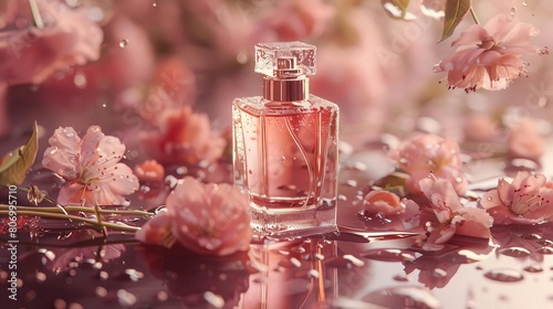 perfume bottle surrounded by delicate pink flowers on wet table still life photography