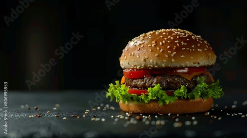 A hamburger with lettuce and tomato on a black background. photo