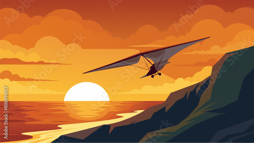 As the sun sets over the ocean a hang glider takes to the skies for an epic flight over the coastline.. Vector illustration photo