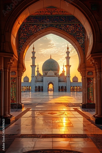 Sunset View Through Ornate Archway at a Majestic Mosque. Eid Al-Adha Mood.