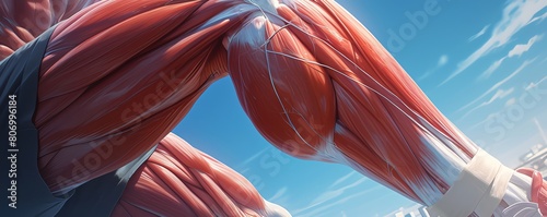 A scientific illustration of a human leg with muscles tied by surgical threads, suitable for a medical journal on muscle repair photo
