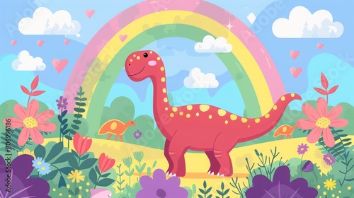 cartoon dinosaur on a rainbow background.