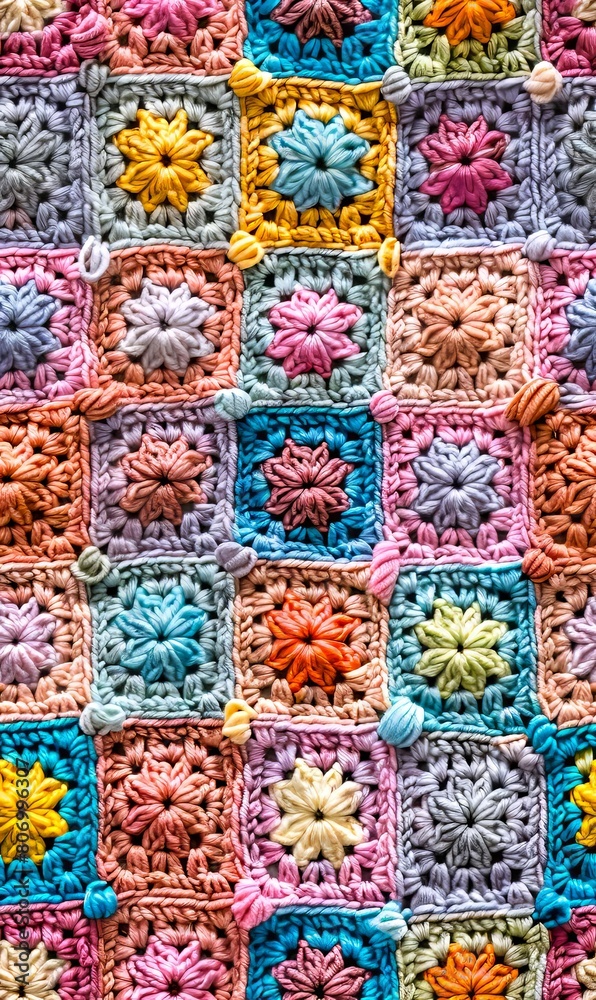 A crocheted blanket with colorful flowers. A crocheted blanket with colorful flowers.
