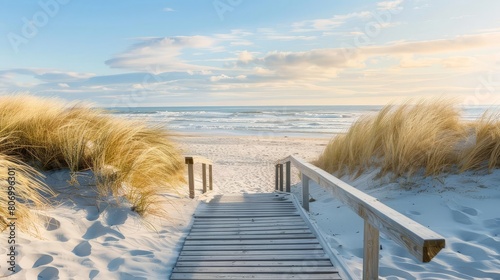 romantic wooden walkway leading to serene beach with rolling dunes and gentle waves idyllic seaside landscape