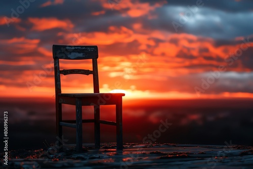 A solitary wooden chair set against a dramatic sunset sky  silhouette emphasizing the calm