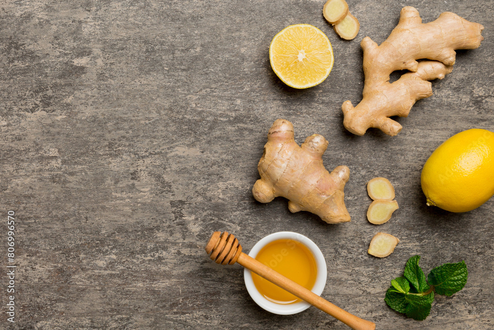 Natural cold and flu home remedies. Natural ingredients for immunity stimulation and viruses protection. top view flat lay