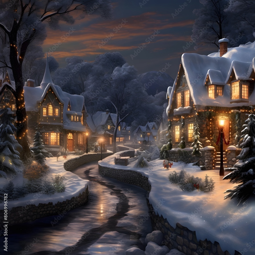 Winter night in the village - 3D render of a winter scene