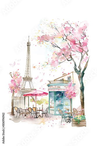 A painting of a Parisian street with a pink tree and a pink umbrella. The scene is set in a cafe with a pink building and pink chairs. The painting has a romantic and dreamy mood