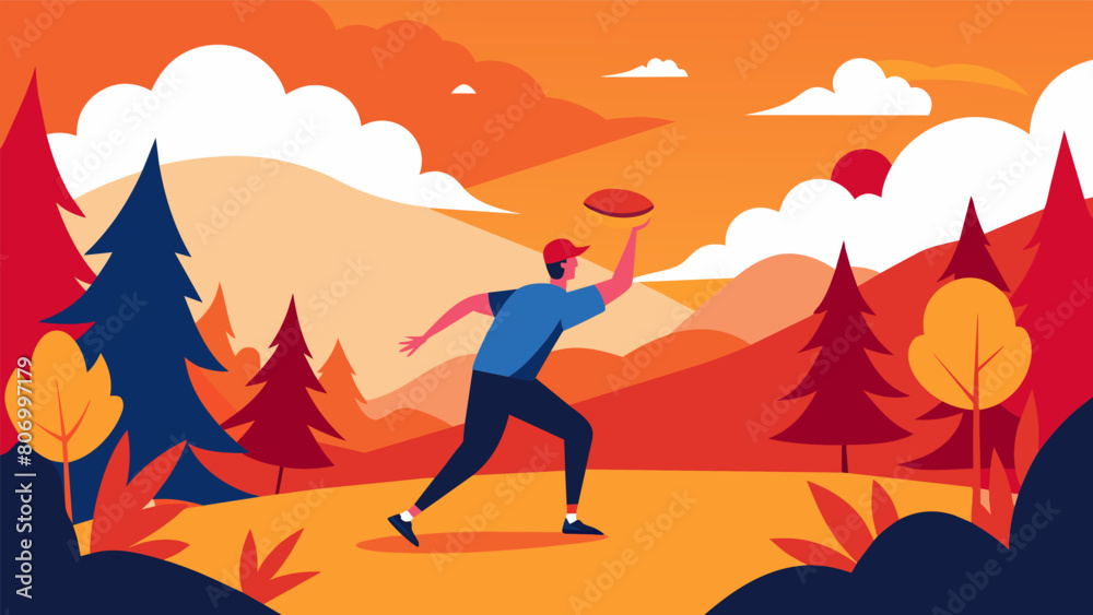 Against a backdrop of vibrant fall foliage the player exees a textbook backhand throw the disc gliding effortlessly over a shallow ravine.. Vector illustration