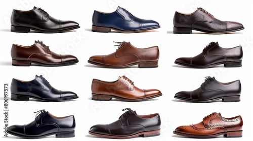 set of classic mens dress shoes in various styles and colors isolated on white