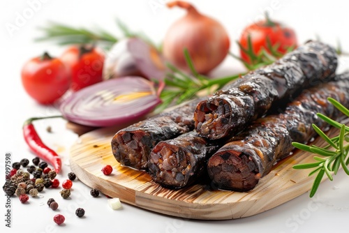 Spanish Morcilla with piquillo peppers and onions photo