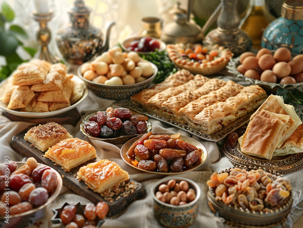 Traditional Middle Eastern Feast Spread with Dates, Nuts, and Pastries. Eid Al-Adha Mood.