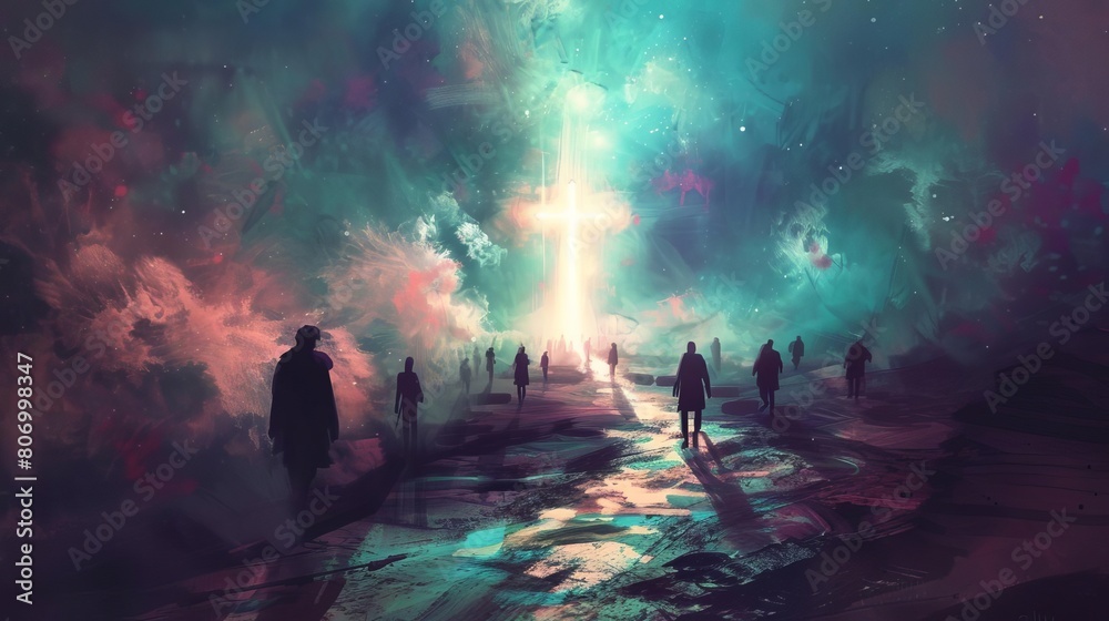 spiritual journey silhouettes walking towards radiant cross conceptual religious illustration digital painting spiritual journey silhouettes walking towards radiant cross conceptual religious illustration digital painting