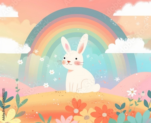 cartoon rabbit on a rainbow background. © Yahor Shylau 