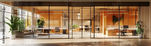 Modern open space office interior with glass walls and desks, front view, 3d rendering