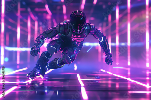 Visualize a cyborg breakdancer spinning on a neon-lit dance floor