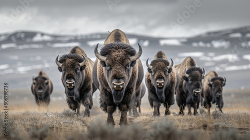 A herd of bison moves across the prairie in the golden light of dusk
