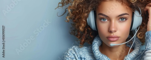 Woman wear headphones look at pc enjoy study online with tutor listen audio lecture watch webinar prepare for exams e-learning self education concept Horizontal photo banner for website photo