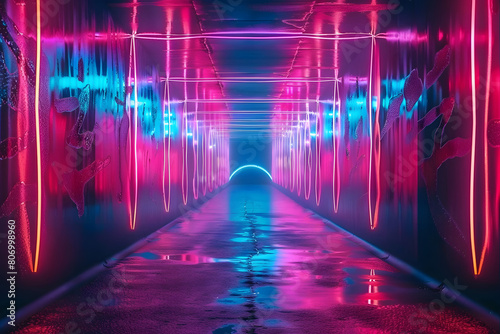 A tunnel illuminated by neon lights, perfect for urban concepts AI © Prasanth