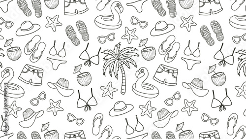 Seamless pattern with hand drawn beach items. Vector illustration.