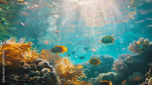 tropical fish swimming in coral reef with sunlight refraction underwater