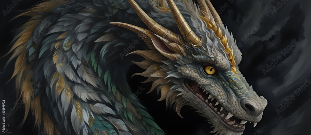 A strikingly elegant yet fiercely fierce Baroque electrifying predator, every brushstroke exuding power and grace: intricate swirls of gold and silver on obsidian fur, sharp fangs glistening A strikingly elegant yet fiercely fierce Baroque electrifying predator, every brushstroke exuding power and grace: intricate swirls of gold and silver on obsidian fur, sharp fangs glistening