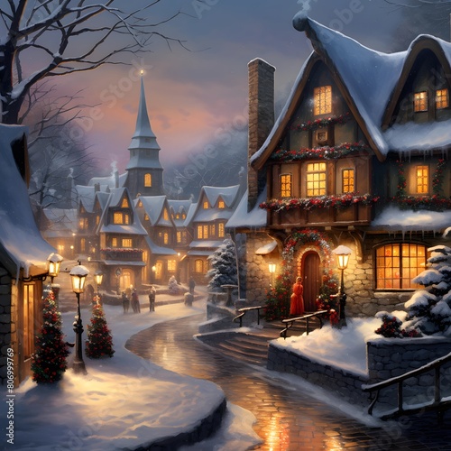 Winter landscape with a small village in the snow at night. 3d rendering © Michelle