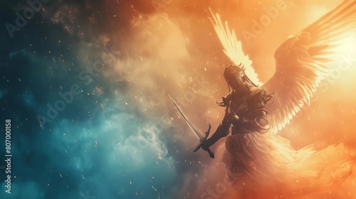 warrior angel with wings and sword in heaven spiritual battle between good and evil religious concept art photo
