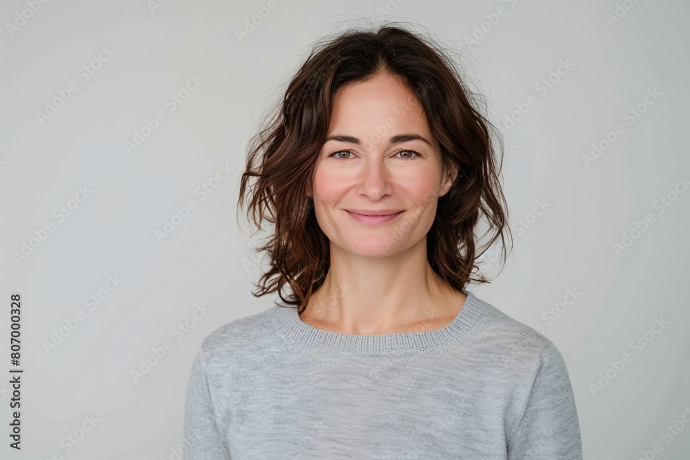 Confident Professional Woman Smiling in Casual Grey Sweater on Simple Background Confident Professional Woman Smiling in Casual Grey Sweater on Simple Background