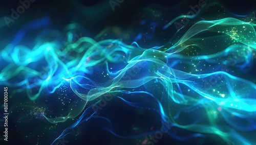 Abstract representation of diabetic neuropathy pain, with nerve fibers glowing in shades of blue and green. photo