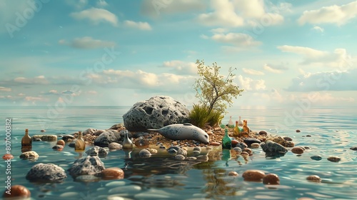 A 3D-rendered cute, isolated mini island, featuring a beach with hand-painted stones and decorative glass bottles photo