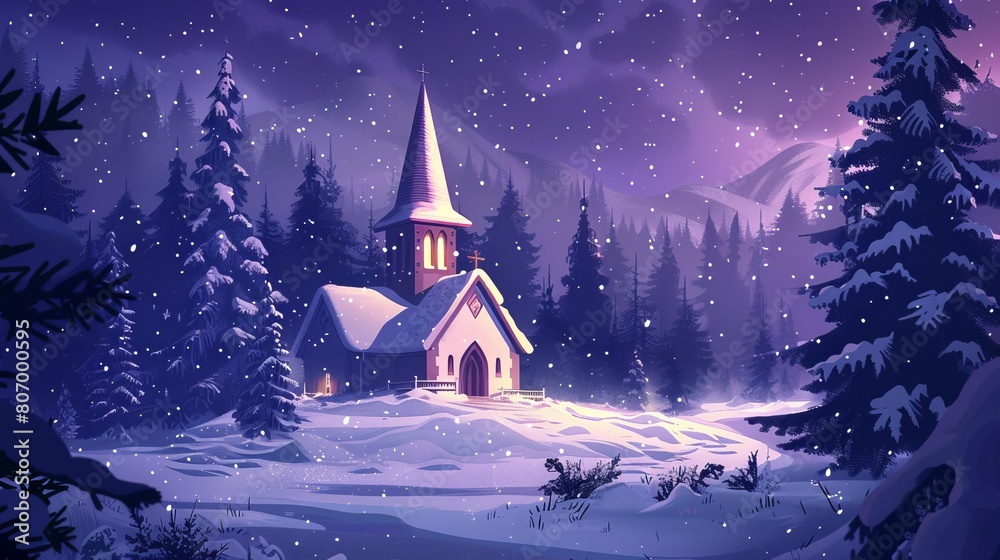 winter landscape with church in snowy forest at night atmospheric concept illustration winter landscape with church in snowy forest at night atmospheric concept illustration