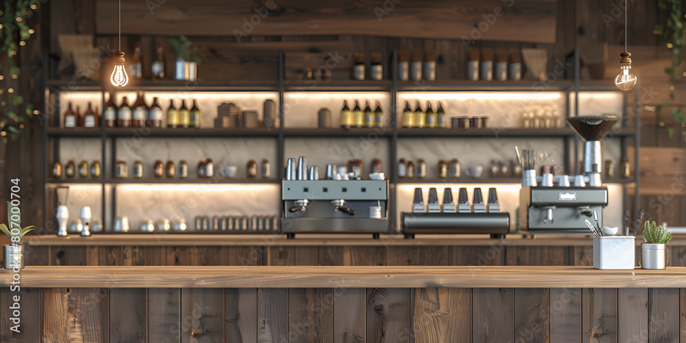 A coffee shop with a black wall and a wooden counter with a coffee machine in the middle.
