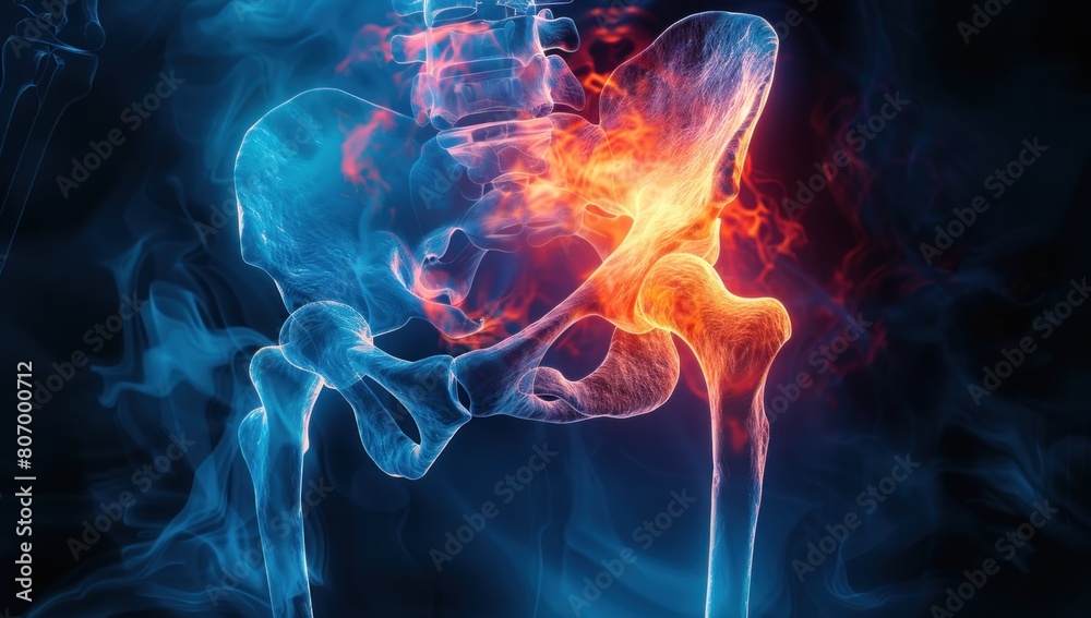 Digital composite of a hip joint, with glowing red areas indicating inflammation and stiffness. Digital composite of a hip joint, with glowing red areas indicating inflammation and stiffness.