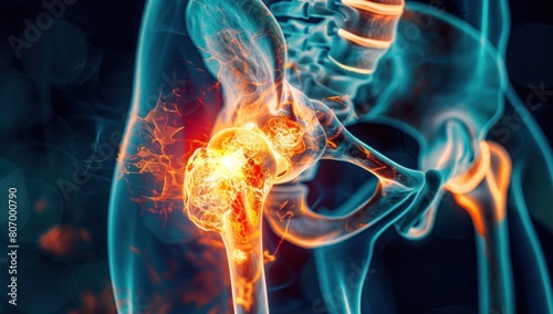 Digital composite of a hip joint, with glowing red areas indicating inflammation and stiffness.
