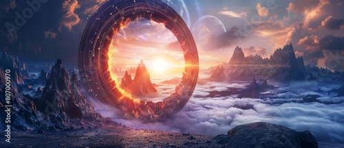 Fantastic landscape with stargate opens a portal to unexplored worlds, Sharpen banner template with copy space on center