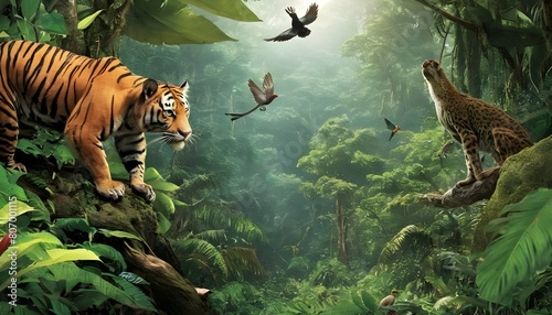 A lush rainforest alive with exotic wildlife
